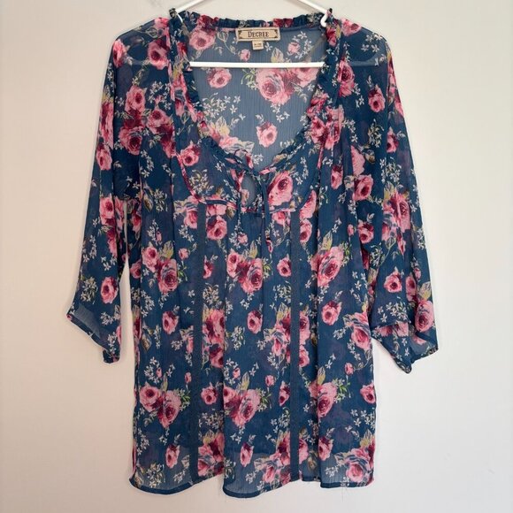 DECREE Peasant Scoop Neck Crepe Blouse Women XL Floral Teal Pink 3/4 Sleeve Boho - Picture 7 of 9